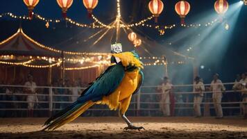 A vibrant parrot stands in a circus setting with colorful lanterns and performers in the background. photo