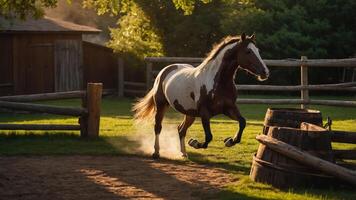 A horse gallops playfully in a sunlit pasture near wooden structures. photo