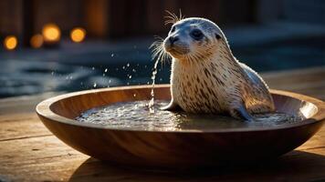 A seal playfully splashes water while resting in a wooden bowl. photo