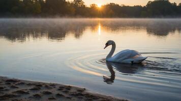 A serene swan glides across a misty lake at sunrise, creating ripples in the calm water. photo