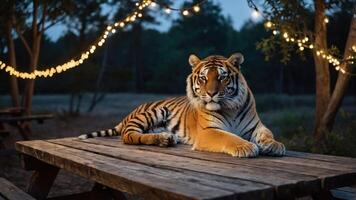 A tiger rests on a picnic table, illuminated by string lights in a serene outdoor setting. photo