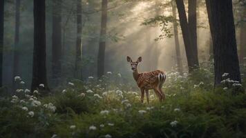A serene forest scene featuring a young deer amidst soft light and lush greenery. photo
