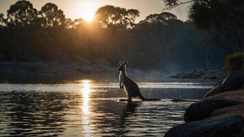 A kangaroo stands by a river at sunset, creating a serene and picturesque scene. photo