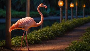 A flamingo walking along a lit path beside a serene waterway in a lush environment. photo