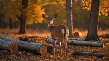 A deer stands gracefully among autumn foliage and fallen logs in a serene forest setting. photo