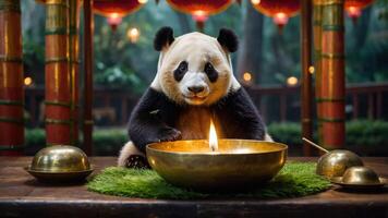 A panda sits at a table with a glowing bowl, surrounded by a serene environment. photo