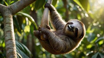 A sloth hanging from a tree branch in a lush, green environment. photo