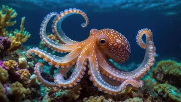 A vibrant octopus with intricate patterns, resting on a coral reef underwater. photo