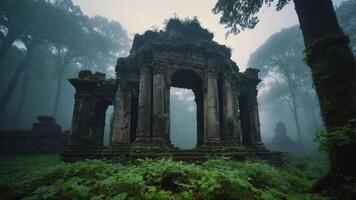 Ancient ruins enveloped in mist and greenery, showcasing nature reclaiming architecture. photo