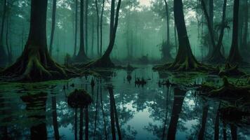 A serene, misty swamp with towering trees and reflective water creating a tranquil atmosphere. photo