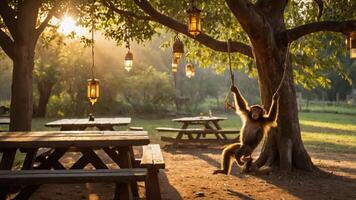 A playful monkey swings from a tree in a serene outdoor setting with lanterns and picnic tables. photo