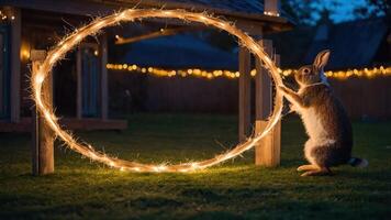 A rabbit interacts with a glowing hoop in a garden setting, creating a whimsical scene. photo