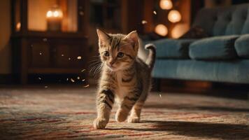 A playful kitten walks across a cozy living room carpet, with soft lighting in the background. photo