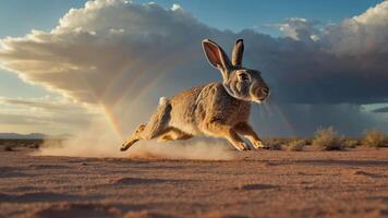 A rabbit running across a desert landscape with a rainbow in the background. photo