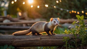 A ferret standing on a log with soft lighting and greenery in the background. photo