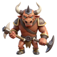 exquisite dreamy mid-century A fearsome minotaur, holding a double-headed axe, NO BACKGROUND with Transparent Background. precision png