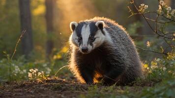 A badger stands in a sunlit forest, surrounded by flowers and soft foliage. photo
