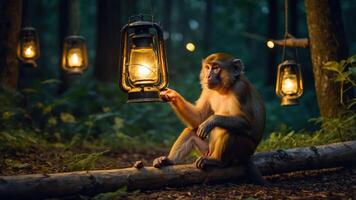 A monkey sits on a log, holding a lantern in a dimly lit forest with hanging lights. photo