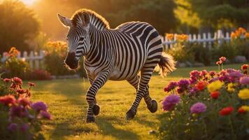 A zebra trots through a vibrant flower garden during sunset, creating a serene scene. photo