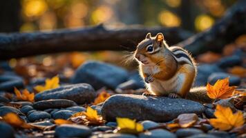 A chipmunk sits on rocks amidst autumn leaves, capturing a serene nature moment. photo