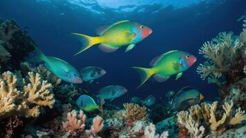 Underwater scene featuring colorful fish swimming among vibrant coral reefs. photo