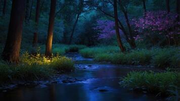 A serene night scene of a forest with a stream, illuminated by soft light and blooming flowers. photo