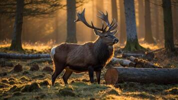 A majestic deer with antlers stands in a sunlit forest, surrounded by trees and foliage. photo
