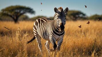 A zebra running through tall grass with butterflies fluttering around in a serene landscape. photo