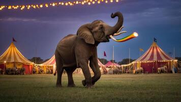 An elephant playfully blowing a rainbow in front of a circus tent under string lights. photo