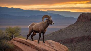 A bighorn sheep stands majestically on a rock against a stunning sunset landscape. photo