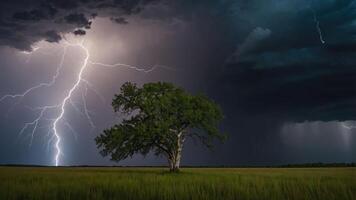 A dramatic lightning storm over a solitary tree in an open field, capturing nature's power. photo