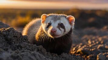 A close-up of a ferret in a natural setting during sunset. photo