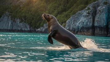 A sea lion leaps from the water against a scenic backdrop of cliffs and greenery. photo