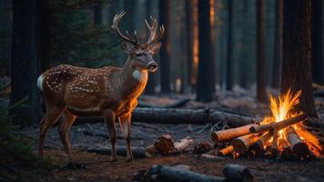 A deer stands near a campfire in a serene forest setting at dusk. photo