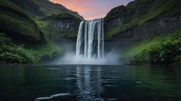 A stunning waterfall cascading into a serene pool surrounded by lush greenery and mountains. photo