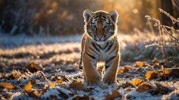 A young tiger walks through a snowy landscape, surrounded by autumn leaves and soft sunlight. photo