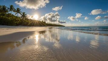 Serene beach scene with sun setting behind palm trees and reflections on wet sand. photo