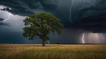 A dramatic storm scene featuring a solitary tree amidst dark clouds and lightning strikes. photo