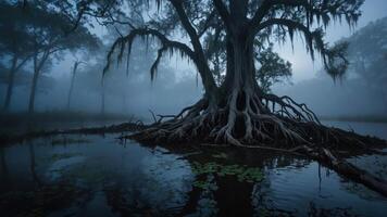 A misty landscape featuring a large tree with exposed roots, reflecting in still water. photo