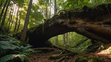 A serene forest scene featuring a moss-covered fallen tree arching over lush greenery. photo
