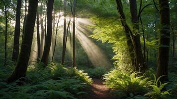 A serene forest scene with sunlight filtering through trees, illuminating the path. photo