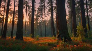 A serene forest scene at sunset, with tall trees and vibrant flowers in the foreground. photo