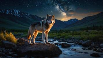 A wolf stands majestically on a rock by a stream under a starry night sky. photo