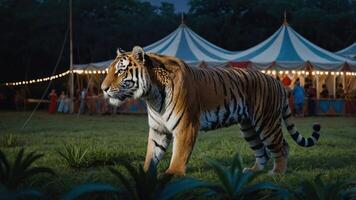 A tiger stands in front of a circus tent at dusk, highlighting its majestic presence. photo