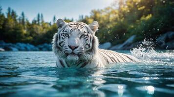 A majestic white tiger swimming in a clear blue river surrounded by lush greenery. photo