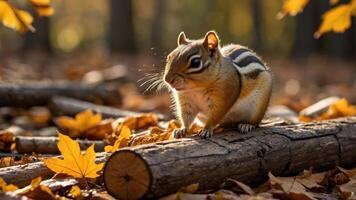 A chipmunk perched on a log amidst colorful autumn leaves in a serene forest setting. photo