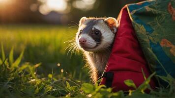 A ferret peeks out from a red bag in a sunlit grassy field. photo
