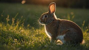 A rabbit sits gracefully in a sunlit field, showcasing its fur and attentive expression. photo