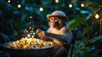 A monkey enjoying popcorn under string lights in a lush setting. photo