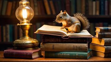 A squirrel perched on an open book surrounded by stacked books and a vintage lamp. photo